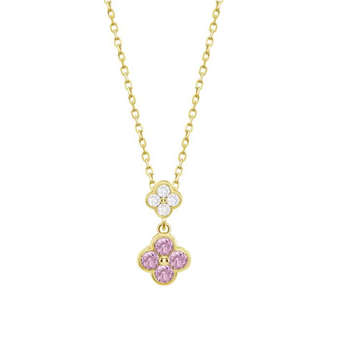 Collar Lotus Silver LP3932-1/2 para Mujer - Plata de Ley 925 Dorada con Doble Flor y Circonitas Rosas