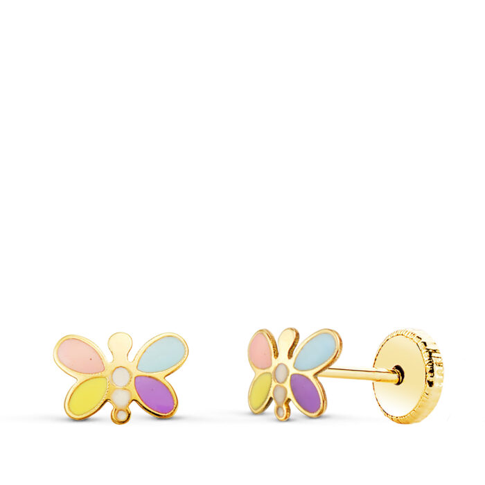 18K PENDIENTES ORO AMARILLO LIBELULA ESMALTE PASTEL 7 X 5 MM. CIERRE TUERCA