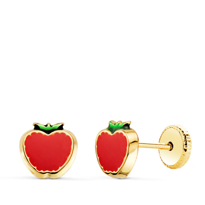 18K PENDIENTES ORO AMARILLO MANZANA ESMALTE  ROJO. 6 X 6 MM. CIERRE TUERCA