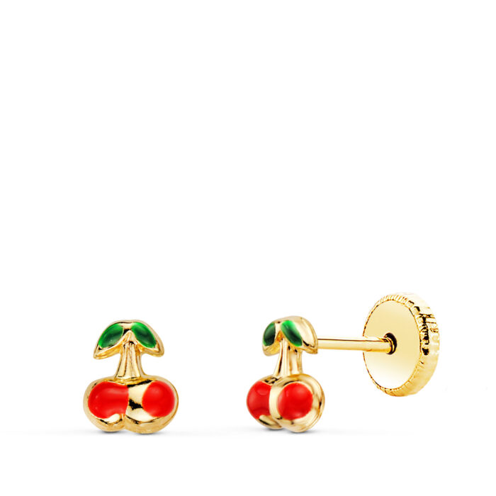 18K PENDIENTES ORO AMARILLO CEREZAS ESMALTE 5X4 MM. CIERRE TUERCA