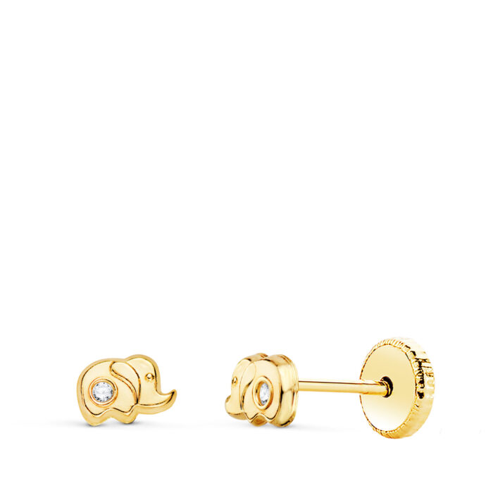 18K PENDIENTES ORO AMARILLO ELEFANTE CON CIRCONITA 5 X 3 MM. CIERRE TUERCA