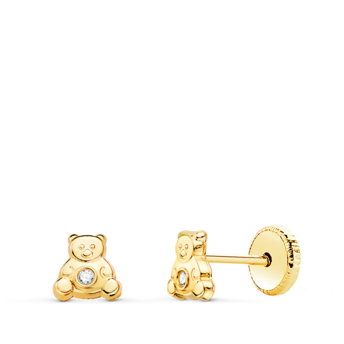 18K PENDIENTES ORO AMARILLO OSO CON CIRCONITA 4,5 X 4,5 MM. CIERRE TUERCA
