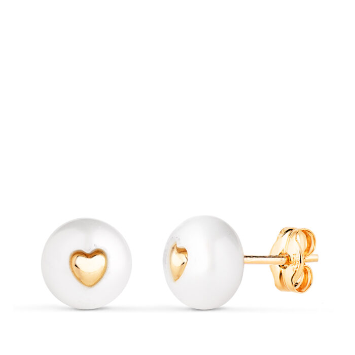 18K PENDIENTES ORO AMARILLO PERLA CON INTERIOR DE CORAZON. MEDIDA: 7 MM. CIERRE PRESION