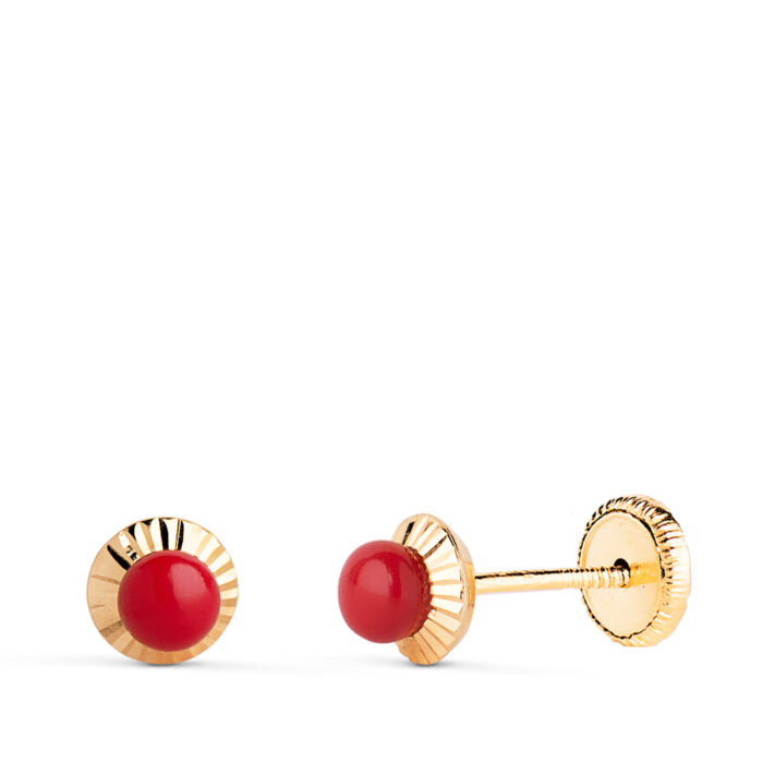 18K PENDIENTES ORO AMARILLO CORALINA ORLA TALLADA 5 MM. CIERRE TUERCA