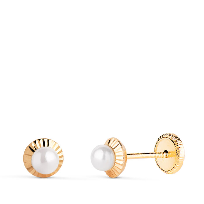 18K PENDIENTES ORO AMARILLO PERLA ORLA TALLADA 5 MM CIERRE TUERCA