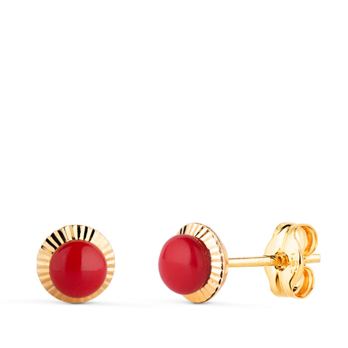 18K PENDIENTES ORO AMARILLO CORALINA ORLA TALLADA 6 MM CIERRE PRESION