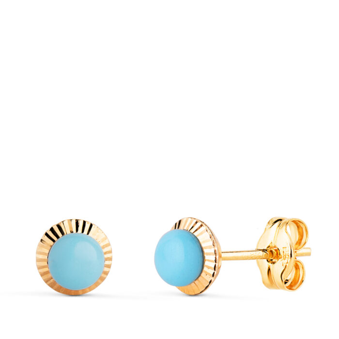 18K PENDIENTES ORO AMARILLO TURQUESA ORLA TALLADA 6 MM CIERRE PRESION