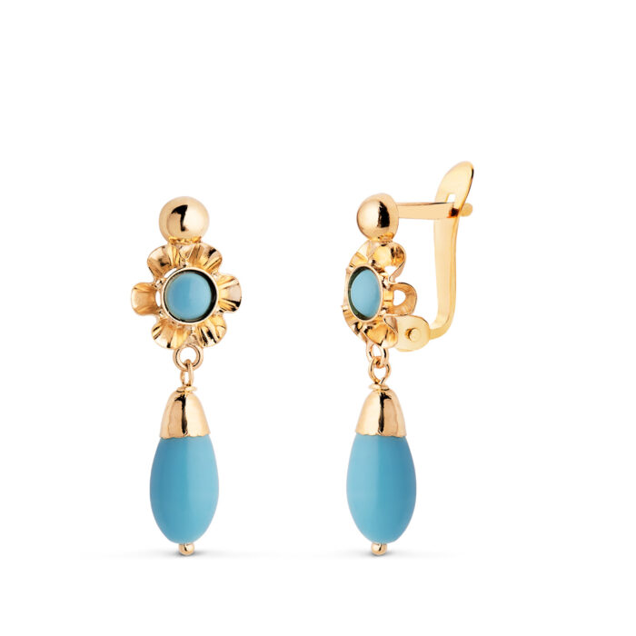 18K PENDIENTES ORO AMARILLO CUBANA LAGRIMA TURQUESA. MEDIDA: 22X7 MM. CIERRE CATALAN