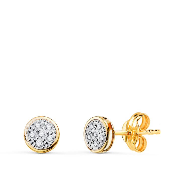 18K PENDIENTES ORO BICOLOR REDONDOS CON CIRCONITAS: MEDIDA: 5X5MM. CIERRE PRESION