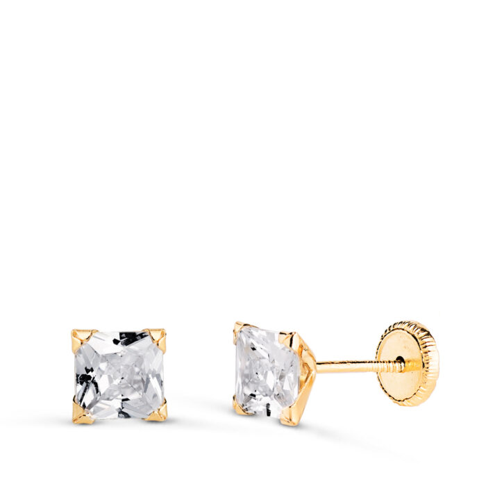18K PENDIENTES ORO AMARILLO CIRCONITA CUADRADA CON 4 GARRAS. ANCHO: 5MM. CIERRE TUERCA