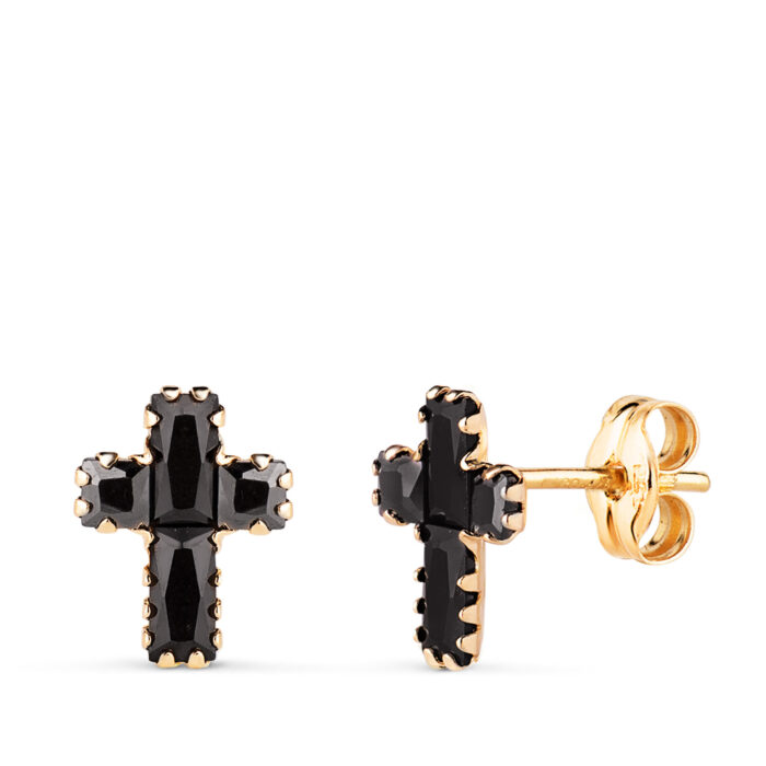 18K PENDIENTES ORO AMARILLO CRUZ CON CIRCONITAS NEGRAS BAGUETTE. 8,5 X 6,5 MM. CIERRE PRESION