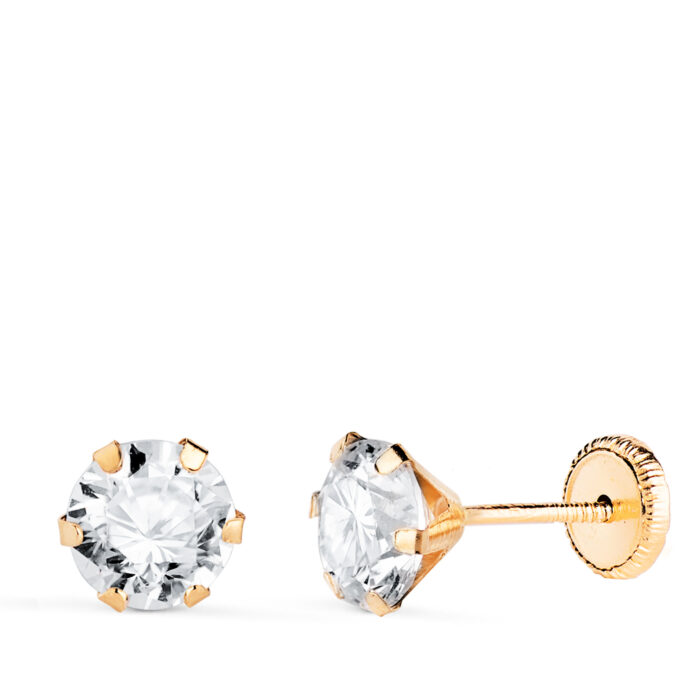 18K PENDIENTES ORO AMARILLO 6 GARRAS CON CIRCONITA. ANCHO: 6 MM CIERRE TUERCA