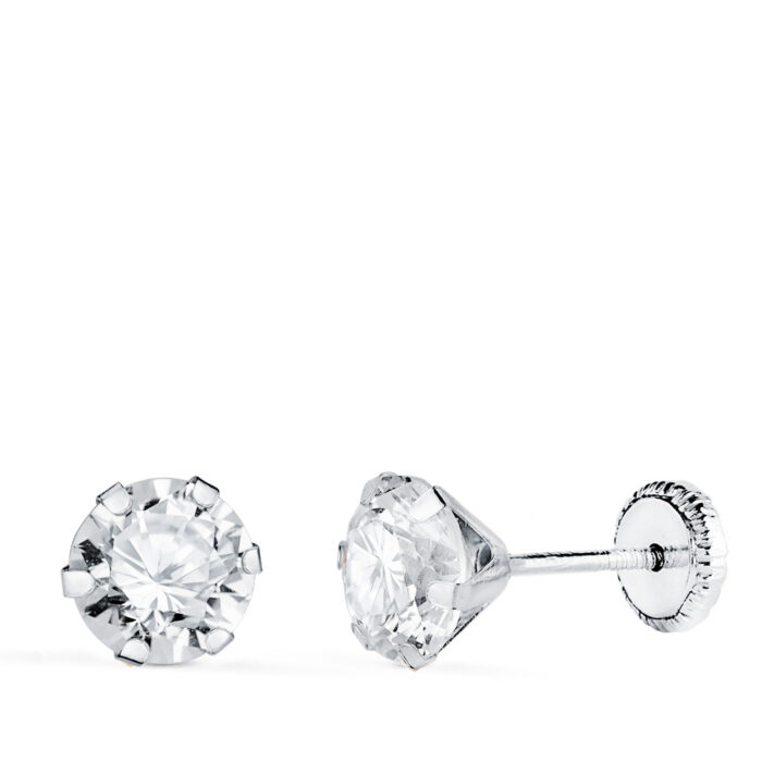 18K PENDIENTES ORO BLANCO 6 GARRAS CON CIRCONITA. ANCHO: 6 MM CIERRE TUERCA