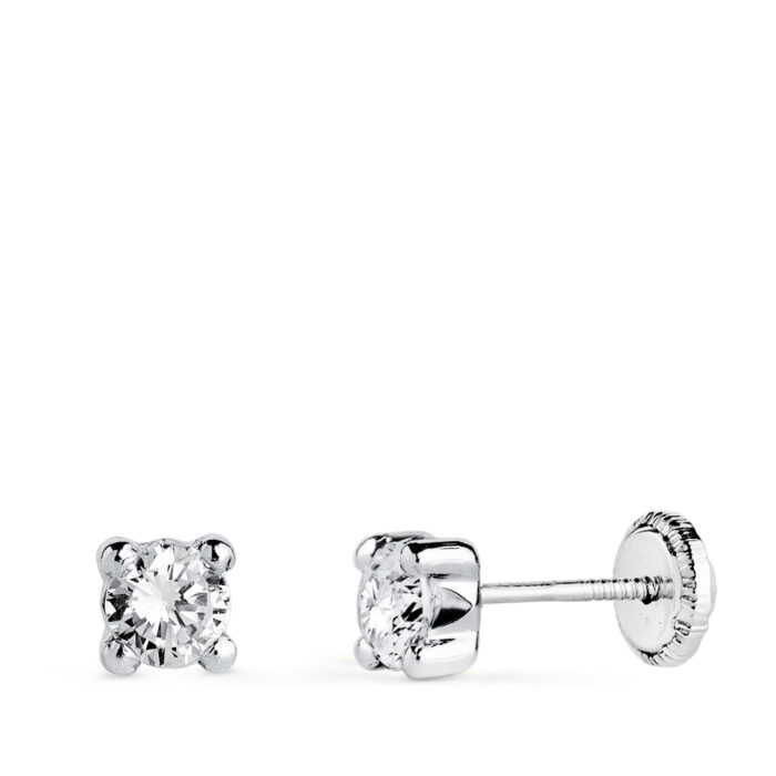 18K PENDIENTES ORO BLANCO CIRCONITA 4MM CON 4 GARRAS. ANCHO: 4,5 MM. CIERRE TUERCA
