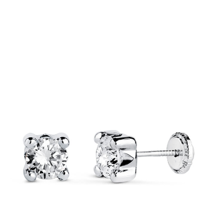 18K PENDIENTES ORO BLANCO CIRCONITA 5MM CON 4 GARRAS. ANCHO: 5,5 MM. CIERRE TUERCA