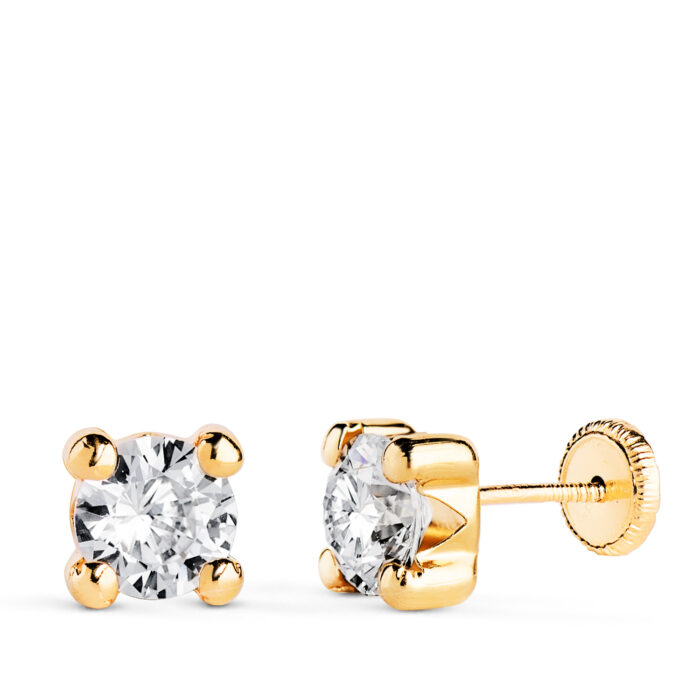 18K PENDIENTES ORO AMARILLO CIRCONITA 6MM CON 4 GARRAS. ANCHO: 6,5 MM. CIERRE TUERCA