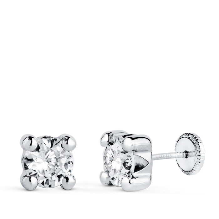 18K PENDIENTES ORO BLANCO CIRCONITA 6MM CON 4 GARRAS. ANCHO: 6,5 MM. CIERRE TUERCA