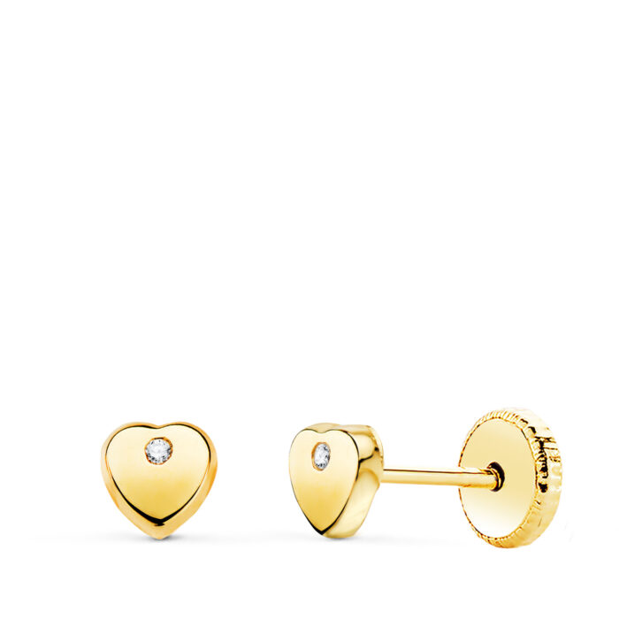 18K PENDIENTES ORO AMARILLO CORAZON CON CIRCONITA BRILLO 4X4 MM. CIERRE TUERCA