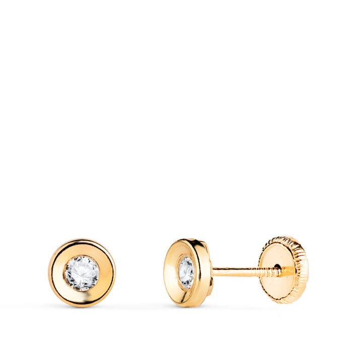 18K PENDIENTES ORO AMARILLO REDONDO CONCAVO CON CIRCONITA. ANCHO: 5 MM. CIERRE TUERCA