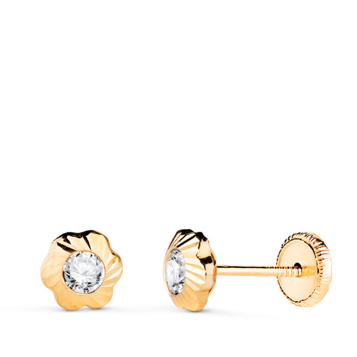 18K PENDIENTES ORO AMARILLO FLOR ORLA TALLADA CIRCONITA. MEDIDA: 5,5MM CIERRE TUERCA