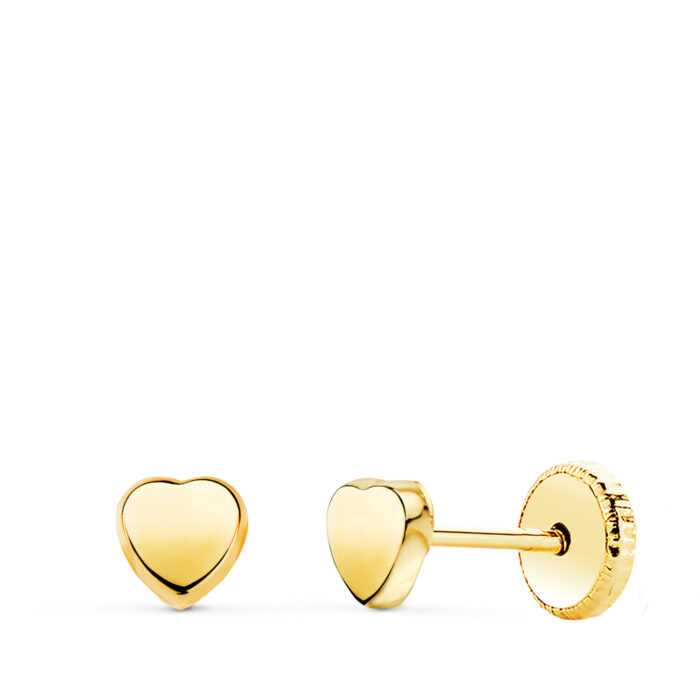 18K PENDIENTES ORO AMARILLO CORAZON LISO EN BRILLO 4X4 MM. CIERRE TUERCA