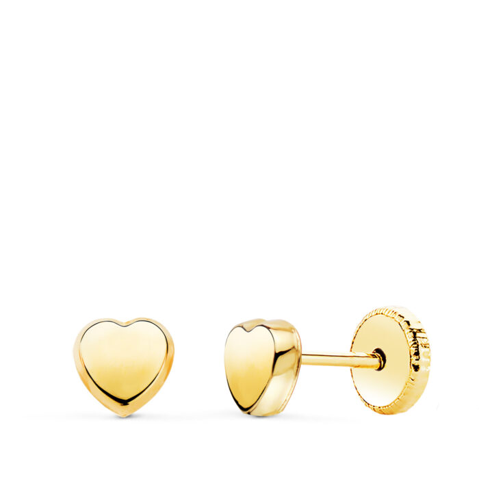 18K PENDIENTES ORO AMARILLO CORAZON LISO EN BRILLO 5X5 MM. CIERRE TUERCA