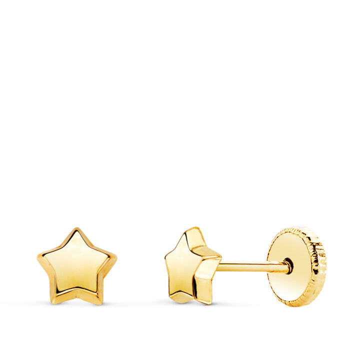 18K PENDIENTES ORO AMARILLO ESTRELLA LISA 5,5 X 5,5 MM. CIERRE TUERCA