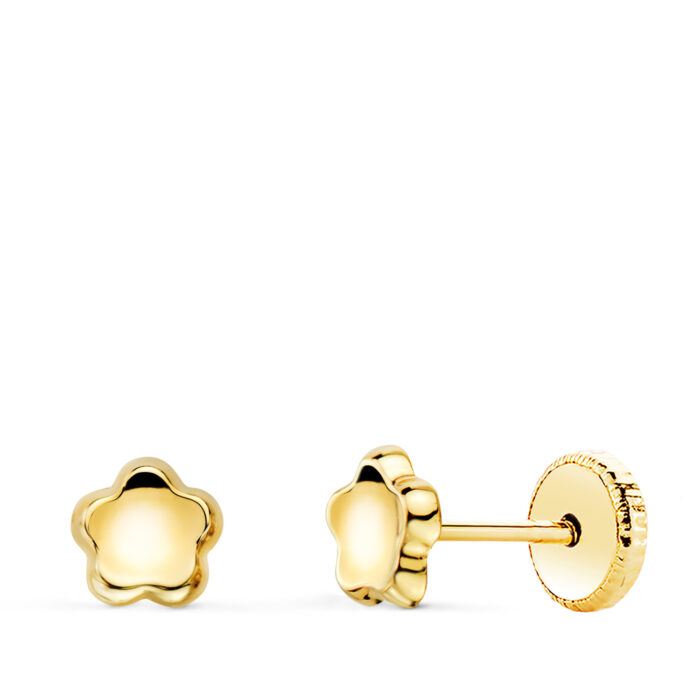 18K PENDIENTES ORO AMARILLO FLOR CONCAVO EN BRILLO 5X5 MM. CIERRE TUERCA