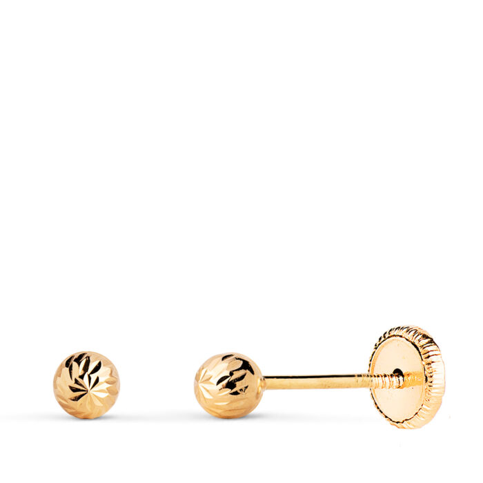 18K PENDIENTES ORO AMARILLO BOLA TALLADA HUECA. ANCHO: 3 MM. CIERRE TUERCA