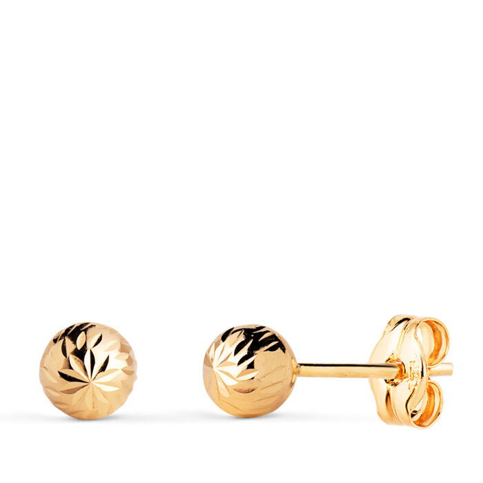 18K PENDIENTES ORO AMARILLO BOLA TALLADA HUECA. ANCHO: 5 MM. CIERRE PRESION