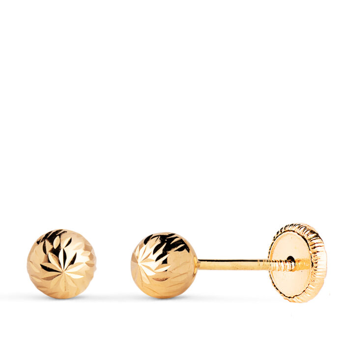 18K PENDIENTES ORO AMARILLO BOLA TALLADA HUECA. ANCHO: 5 MM. CIERRE TUERCA