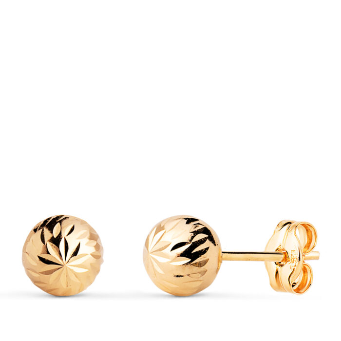 18K PENDIENTES ORO AMARILLO BOLA TALLADA HUECA. ANCHO: 6 MM. CIERRE PRESION