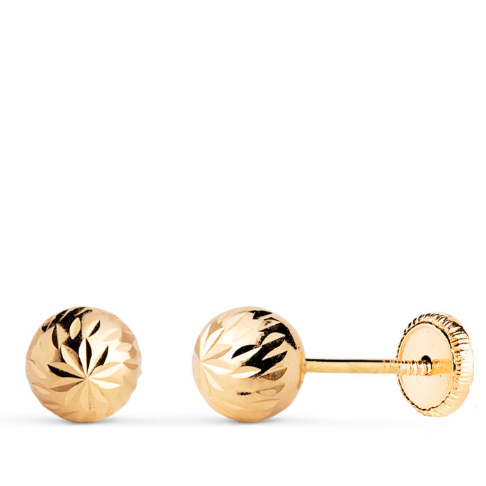 18K PENDIENTES ORO AMARILLO BOLA TALLADA HUECA. ANCHO: 6 MM. CIERRE TUERCA