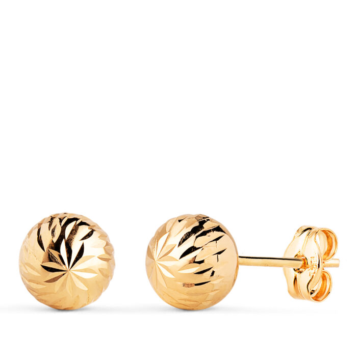18K PENDIENTES ORO AMARILLO BOLA TALLADA HUECA. ANCHO: 7 MM. CIERRE PRESION