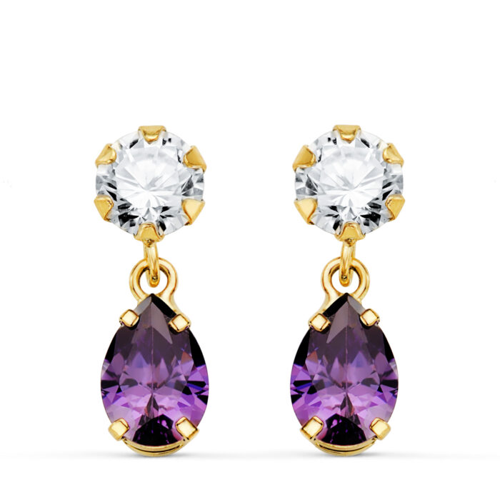 18K PENDIENTES ORO AMARILLO DOS CUERPOS CON CIRCONITA Y AMATISTA LAGRIMA 16 X 5MM. CIERRE PRESION