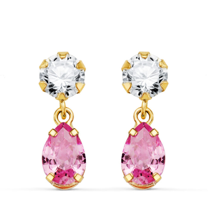 18K PENDIENTES ORO AMARILLO DOS CUERPOS CON CIRCONITA Y PIEDRA ROSA LAGRIMA 16 X 5MM. CIERRE PRESION