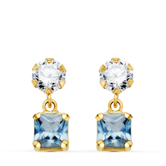 18K PENDIENTES ORO AMARILLO DOS CUERPOS CON CIRCONITA Y AGUA MARINA CUADRADA 14 X 5MM. CIERRE PRESION