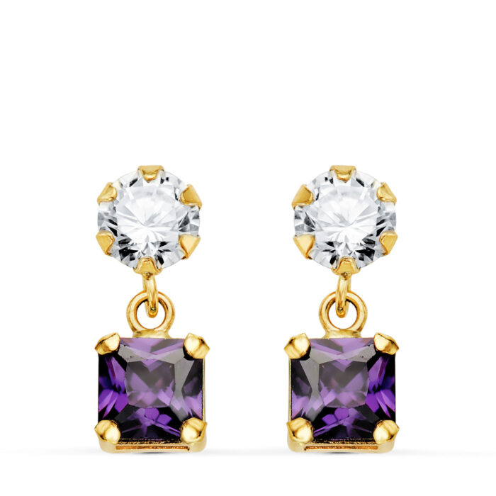 18K PENDIENTES ORO AMARILLO DOS CUERPOS CON CIRCONITA Y AMATISTA CUADRADA 14 X 5MM. CIERRE PRESION