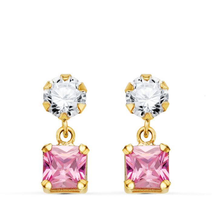 18K PENDIENTES ORO AMARILLO DOS CUERPOS CON CIRCONITA Y PIEDRA ROSA CUADRADA 14 X 5MM. CIERRE PRESION