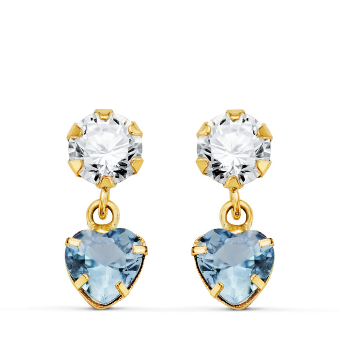 18K PENDIENTES ORO AMARILLO DOS CUERPOS CON CIRCONITA Y AGUAMARINA CORAZON 14 X 5MM. CIERRE PRESION