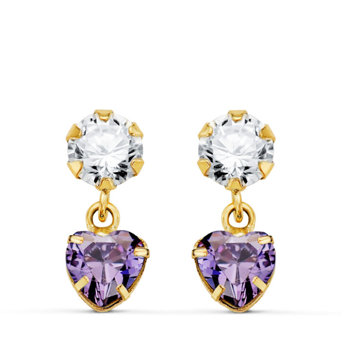 18K PENDIENTES ORO AMARILLO DOS CUERPOS CON CIRCONITA Y AMATISTA CORAZON 14 X 5MM. CIERRE PRESION