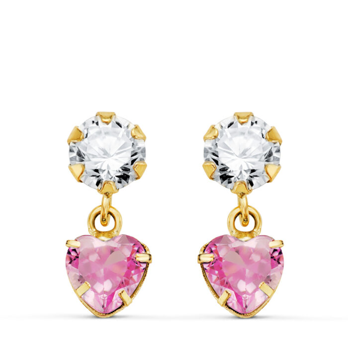 18K PENDIENTES ORO AMARILLO DOS CUERPOS CON CIRCONITA Y PIEDRA ROSA CORAZON 14 X 5MM.  PRESION