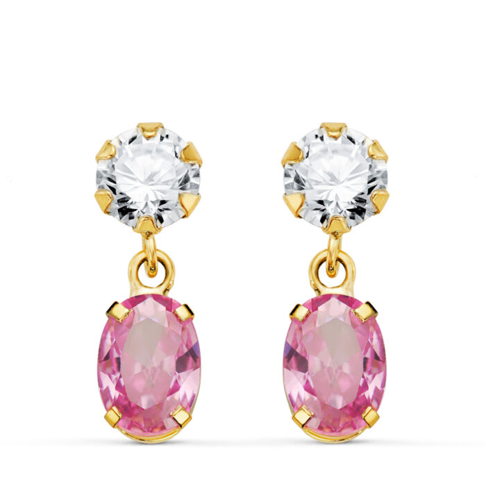 18K PENDIENTES ORO AMARILLO DOS CUERPOS CON CIRCONITA Y PIEDRA ROSA OVAL 16 X 5MM. CIERRE PRESION