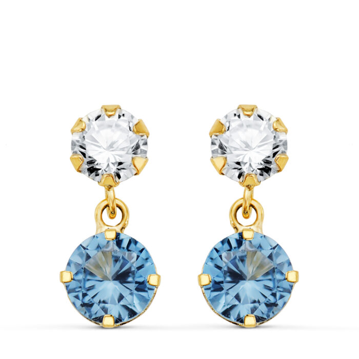 18K PENDIENTES ORO AMARILLO DOS CUERPOS CON CIRCONITA Y AGUAMARINA REDONDA 15 X 6MM. CIERRE PRESION