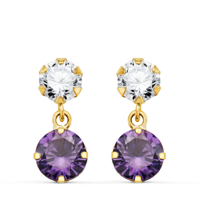 18K PENDIENTES ORO AMARILLO DOS CUERPOS CON CIRCONITA Y AMATISTA REDONDA 15 X 6 MM. CIERRE PRESION