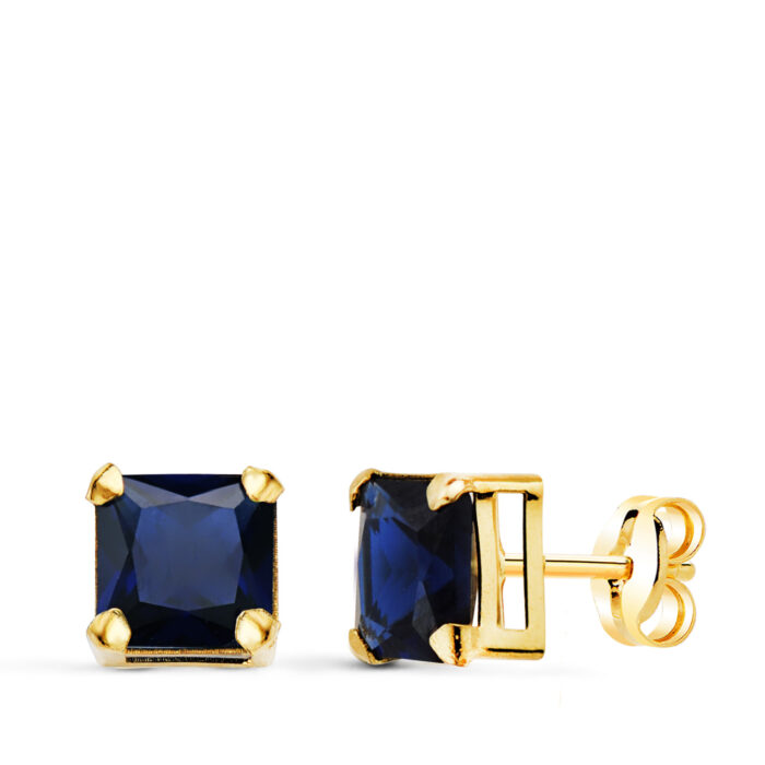18K PENDIENTES ORO AMARILLO CUADRADOS PIEDRA COLOR AZUL 6 X 6 MM. CIERRE PRESION
