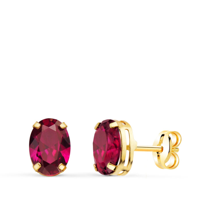 18K PENDIENTES ORO AMARILLO OVAL PIEDRA ROJA 7 X 5 MM. CIERRE PRESION