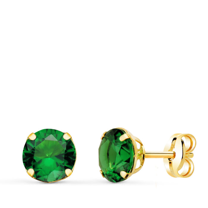 18K PENDIENTES ORO AMARILLO REDONDOS PIEDRA VERDE 6 MM. CIERRE PRESION