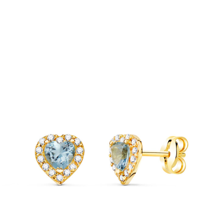 18K PENDIENTES ORO AMARILLO CORAZON CIRCONITA Y AGUA MARINA 6,5 X 6,5 MM. CIERRE PRESION