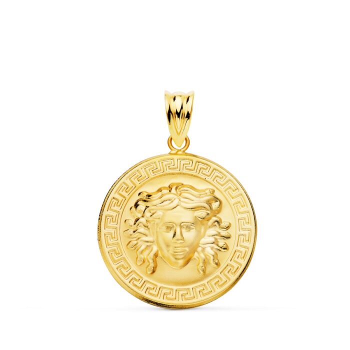18K MEDALLA ORO AMARILLO MEDUSA CON BORDE DE GRECA MATIZADA 20 MM